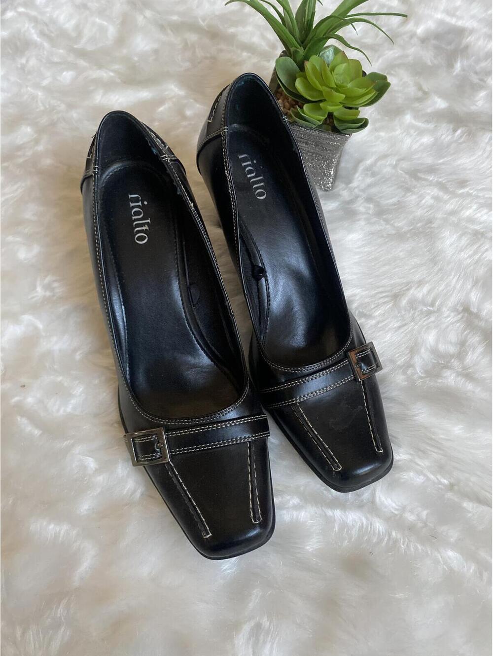 Rialto Black Leather Heeled Pumps with Buckle Detail Size 9